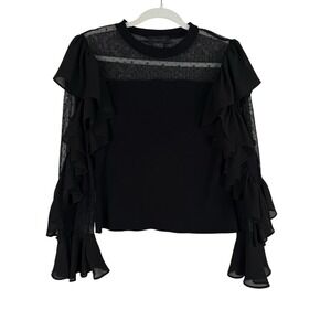 Gracia Black Ruffle Dot Lace Sleeves Twofer Sweater Top Women's Large Romantic